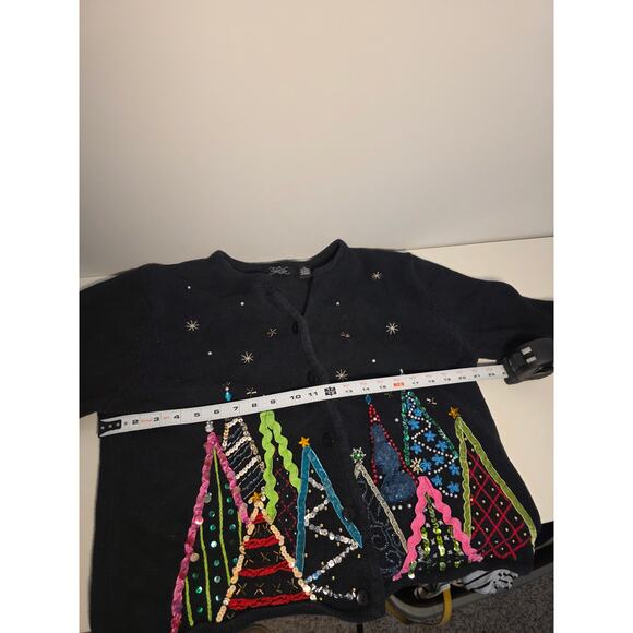 Crystal Kobe Womens XL black ugly cardigan sweater embroidered Christmas trees - Picture 3 of 7